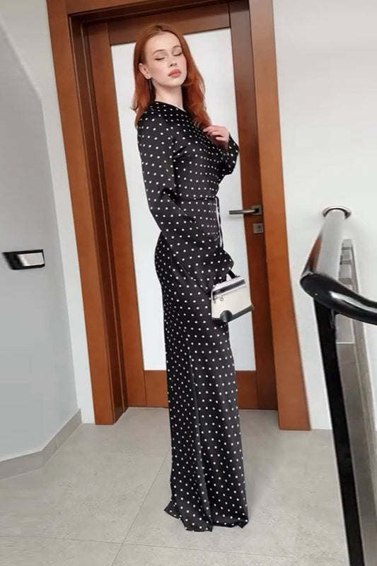 Polka Dot Black Long Sleeve Waist Tie Maxi Dress - View 2 | VelvetHem
