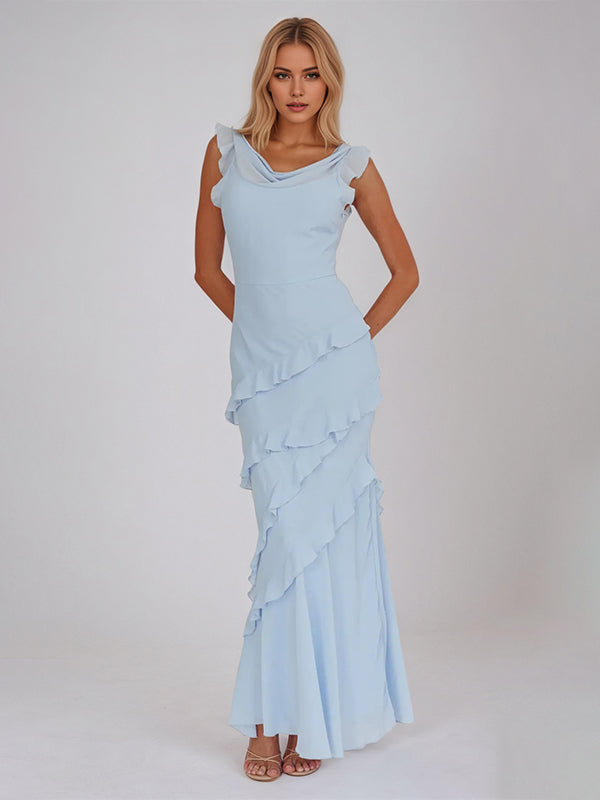 Blue Chiffon Sheath/Column Cowl Neck Sleeveless Floor Length Bridesmaid Dresses