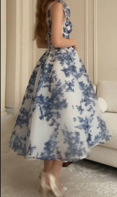 Elegant A Line Sweetheart Neck Blue Chiffon Print Floral Formal Prom Gown Long Party Dress