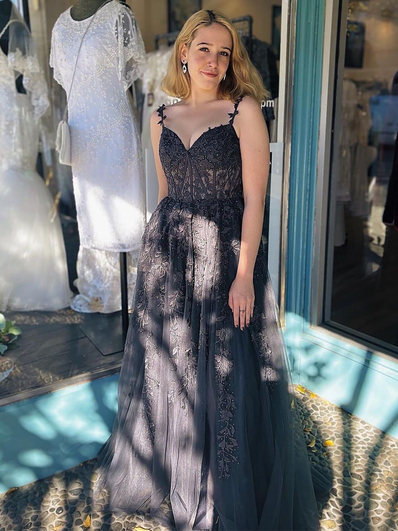 A Line Navy Straps Lace Long Prom Dress - Fashionpara