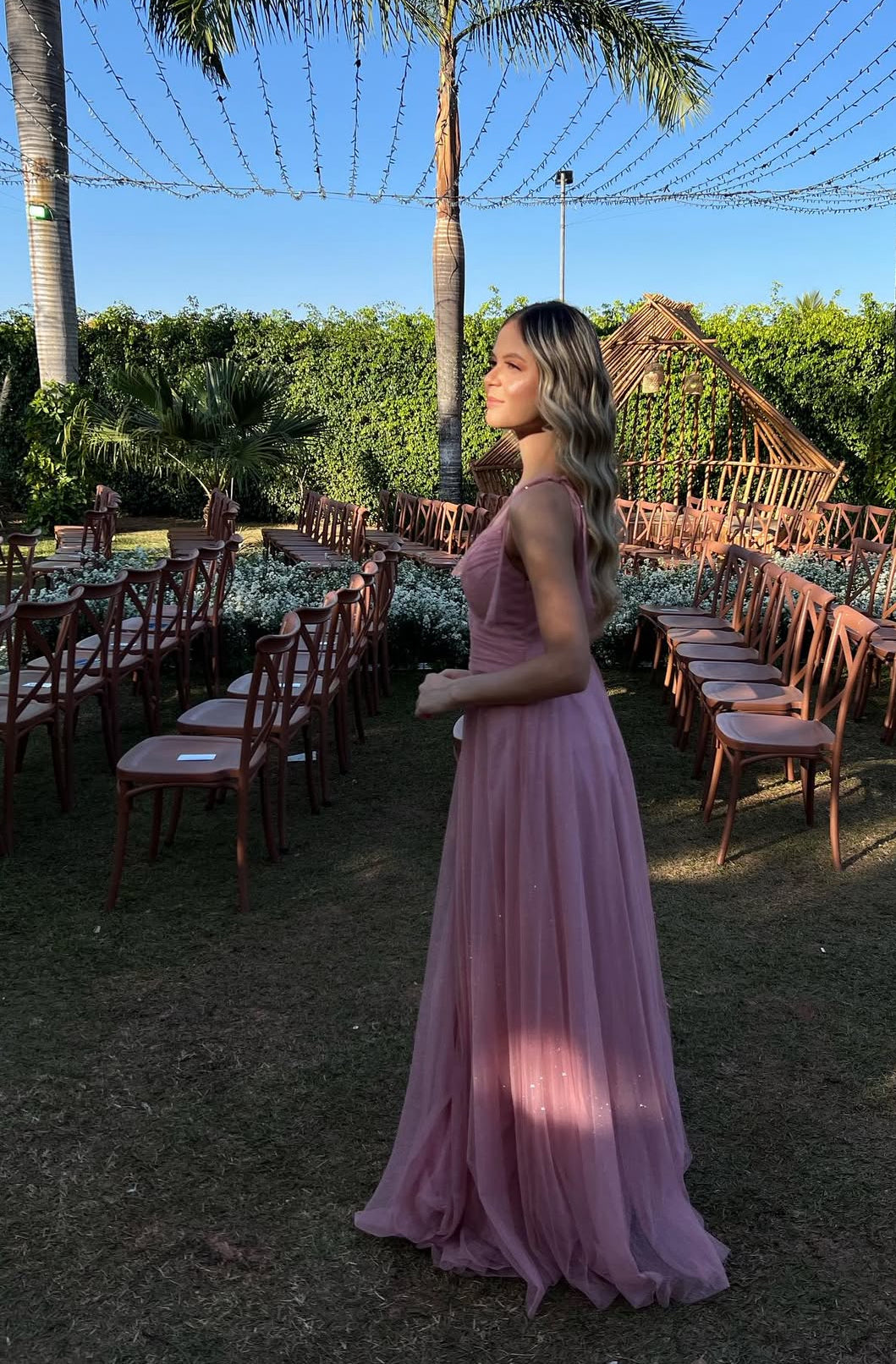 Pink A Line Bridesmaid Dresses V Neck Prom Dress J7763
