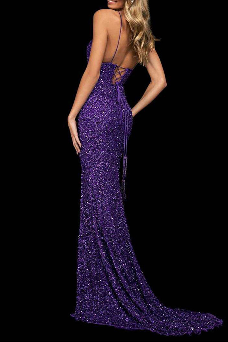 Sexy Formal Solid Sequins Backless Slit V Neck Evening Dress Dresses - View 2 | VelvetHem