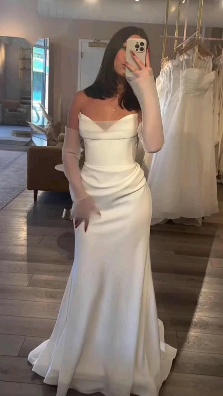 White Strapless Mermaid Long Wedding Dress Elegant Bridal Dress J8073