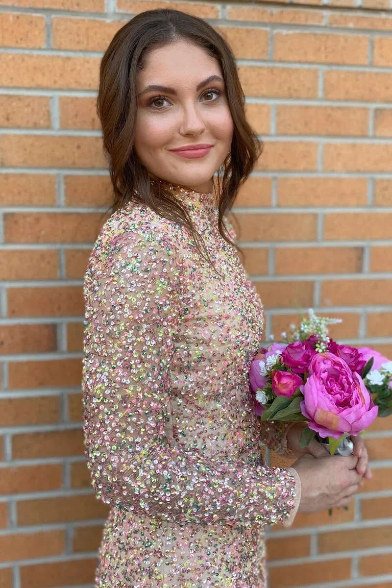 Sequin Long Sleeve Open Back Short Homecoming Dress (ZD12079)