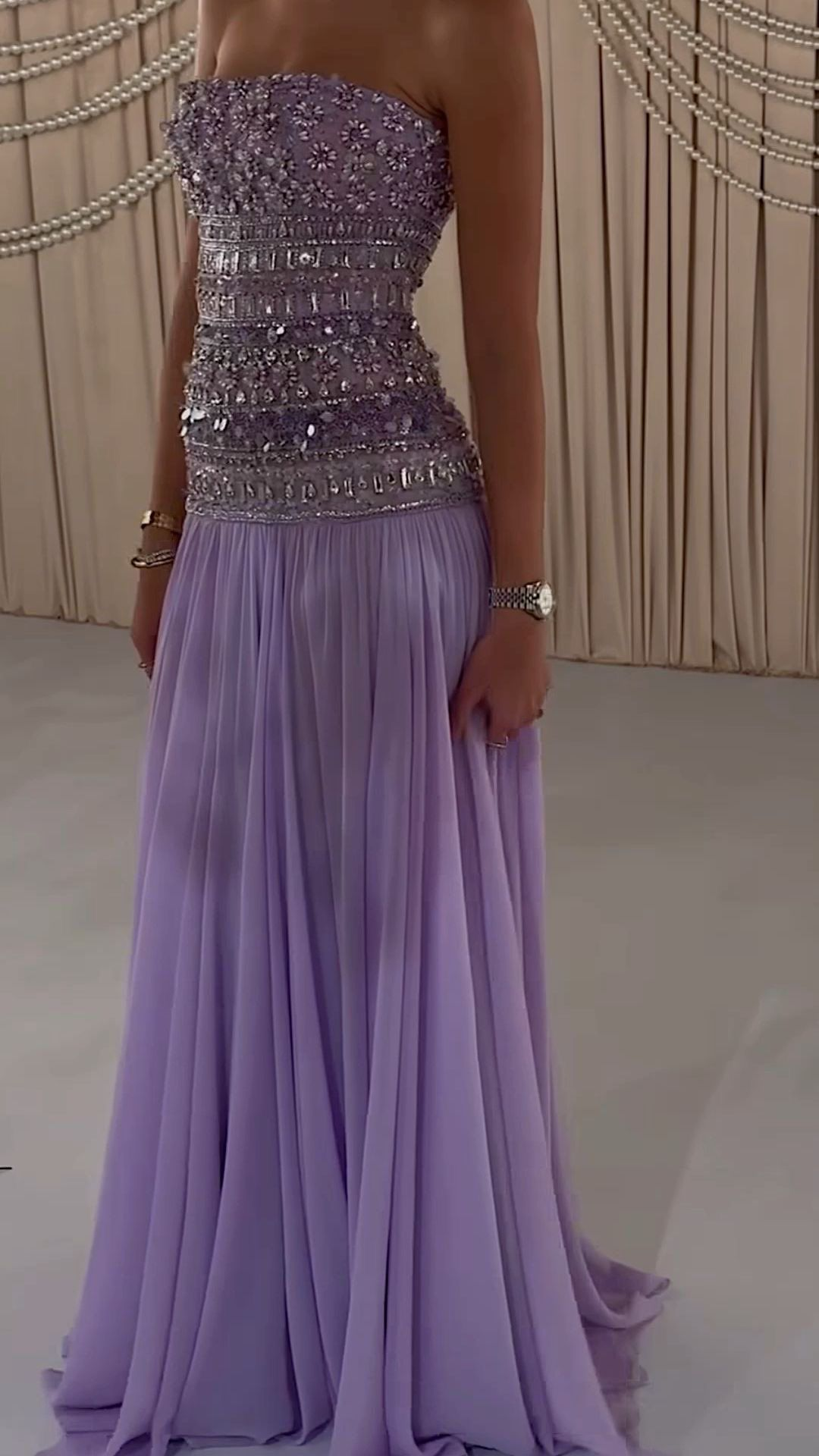 Classy Strapless Lilac Chiffon Beaded Mermaid Long Party Dress Formal Wedding Guest Dress - View 2 | FashionDia