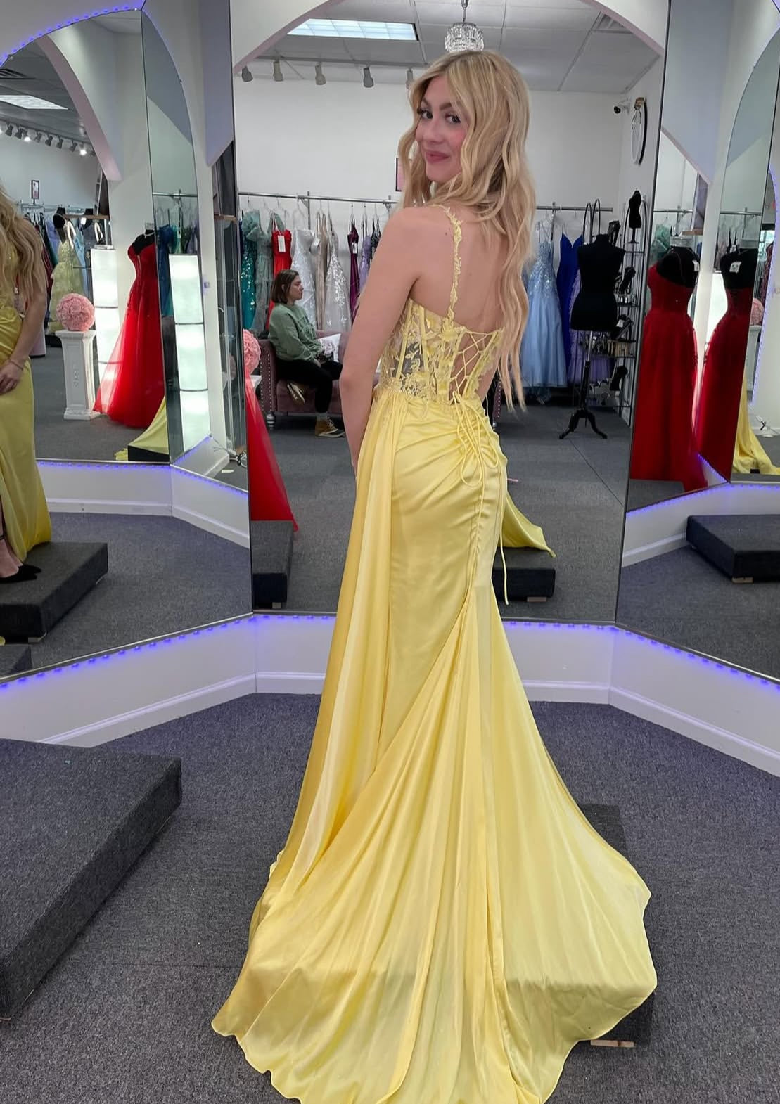 Yellow Mermaid Long Prom Dress With Slit Applique Graduation Dress