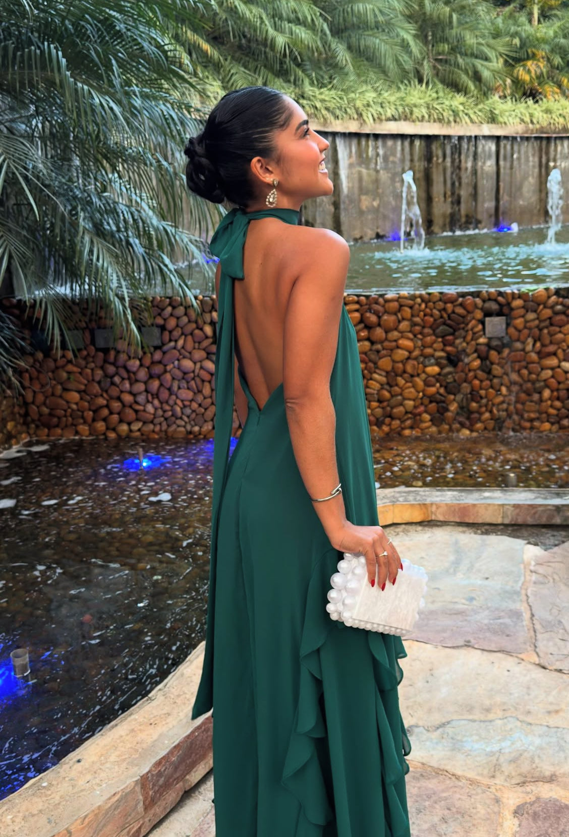 Halter A Line Green Long Evening Dress Ruffle Chiffon Prom Dress J8031