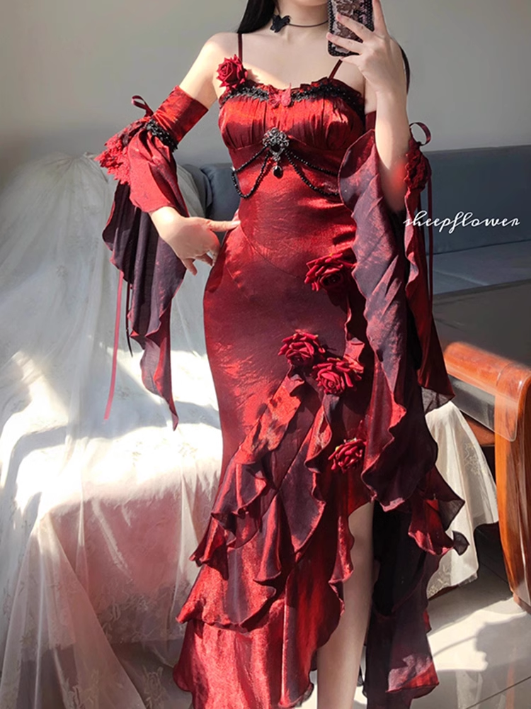Vintage High-Low Spaghetti Straps Floor-Length Burgundy Flowers Prom Dresses Birthday Dress - View 3 | FashionDia