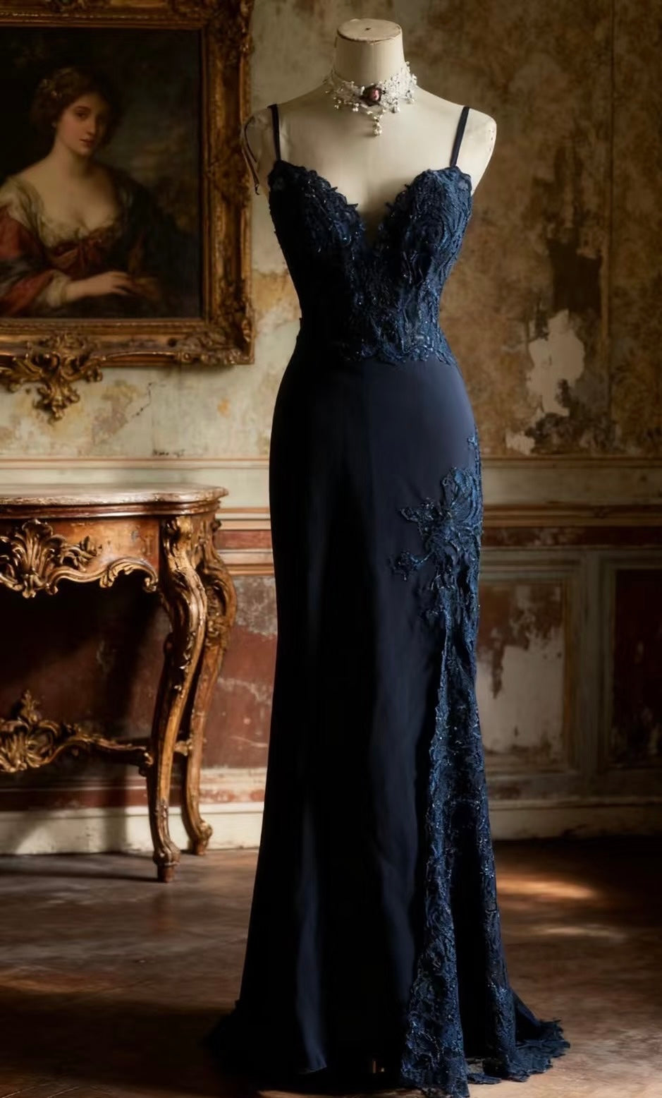 Navy Blue Mermaid Applique Long Prom Dress Sexy Evening Dress Graduation Dress
