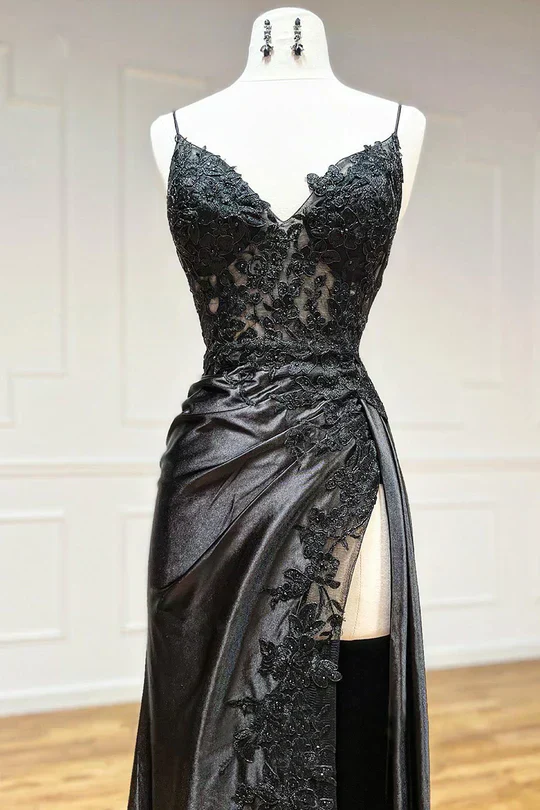 Elegant Burgundy Satin Appliques Evening Dress Slit Prom Party Dress