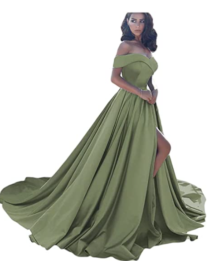 A-Line Off Shoulder Court Train Satin Elegant Formal Prom Dress C909