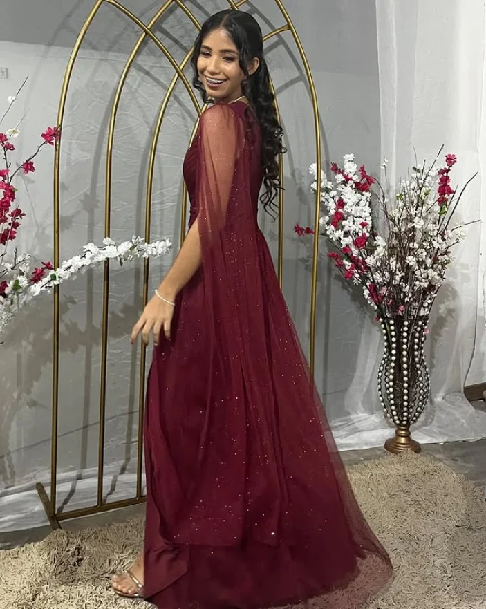 Pretty Burgundy One Shoulder Tulle Sequins Evening Gown Slit Prom Dress Y7826 - View 3 | VelvetHem