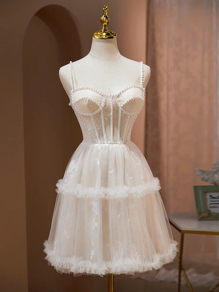 Elegant Sweetheart Neck White Tulle Pearls Beaded Short Party Dress Formal Birthday Outfits Homecoming Dress - FashionDia