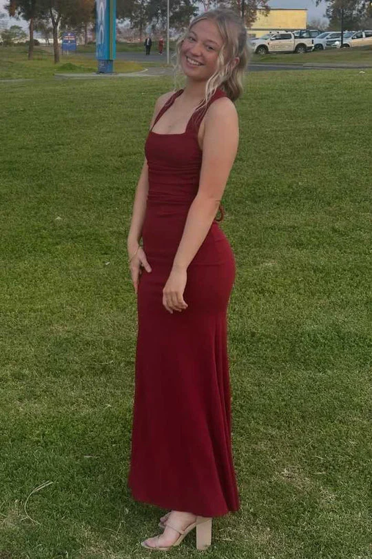 Burgundy Halter Satin Mermaid Long Evening Dress Long Birthday Party Dress - FashionDia