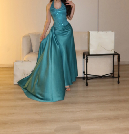 Fashion Green Halter Satin Mermaid Long Party Dress Prom Gown D4976