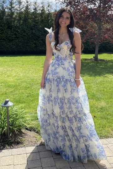 A-line Blue Floral Print Long Prom Dress Blue Evening Dress Y2560 - View 3 | VelvetHem