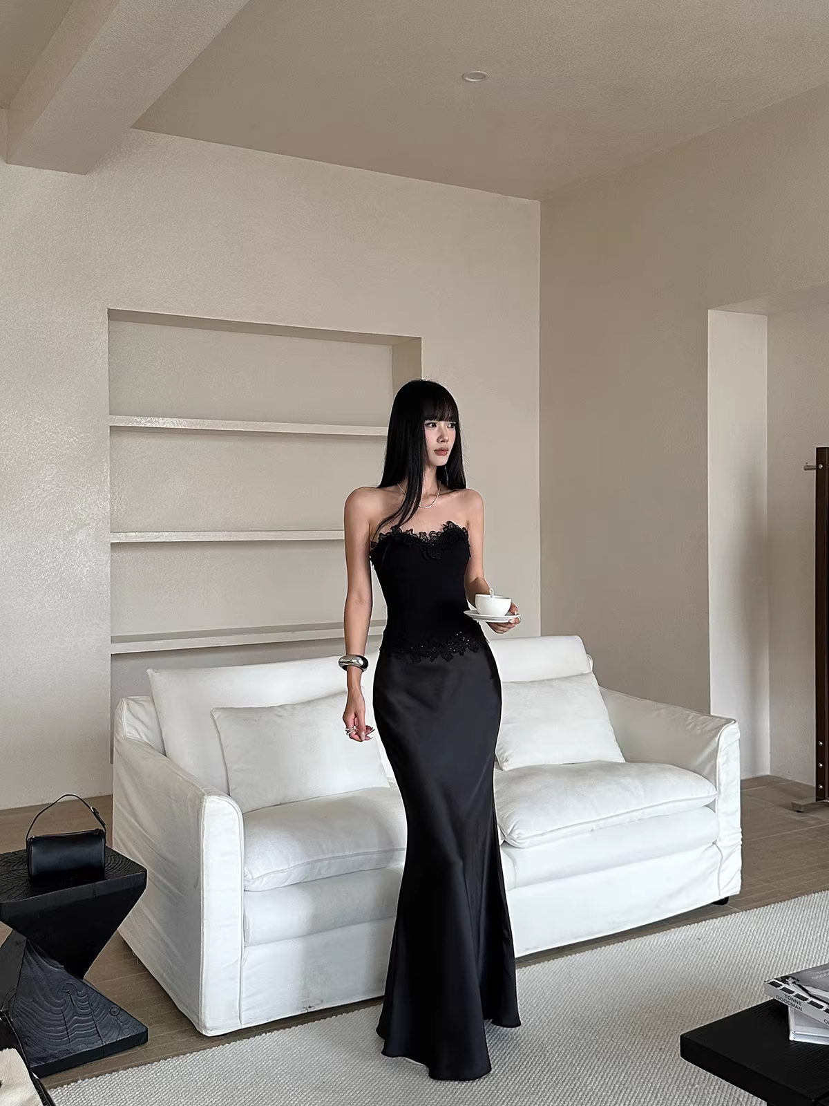 Pretty Lace Appliques Strapless Mermaid Evening Dress Party Dress Black Satin Long Wedding Guest Dress - View 4 | FashionDia