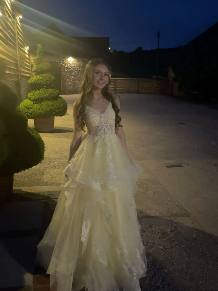 Sweet Spaghetti Straps V-Neck Yellow Tulle Appliques Long Wedding Guest Dress Party Dress - FashionDia