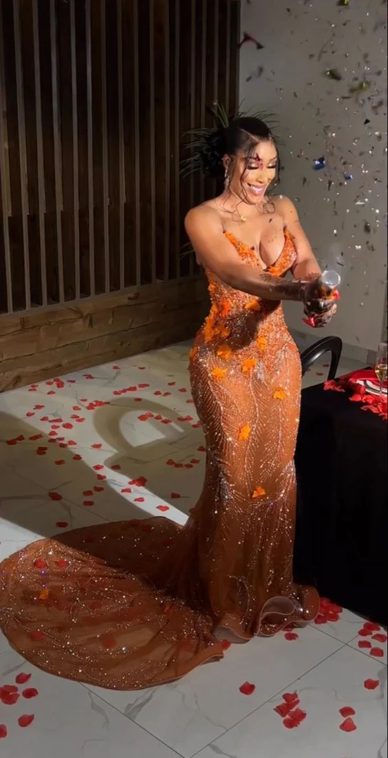 Classy Mermaid Sweetheart Orange Tulle Sequin Evening Gowns Long Prom Dress
