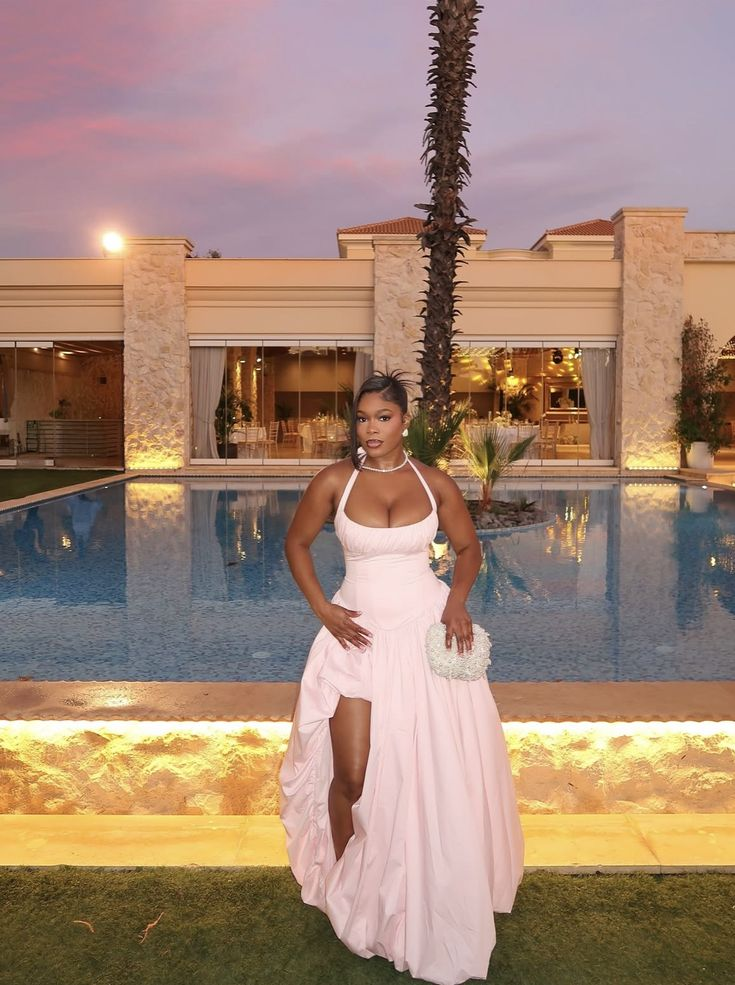 Classy Halter Pink Satin Pleated Long Evening Dress Formal Wedding Guest Dress - View 2 | FashionDia