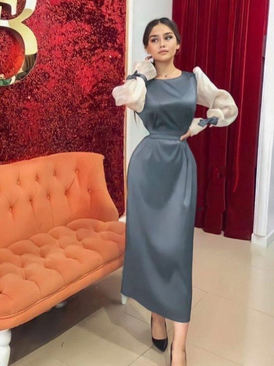 Simple Puff Sleeves Sheath Prom Dress
