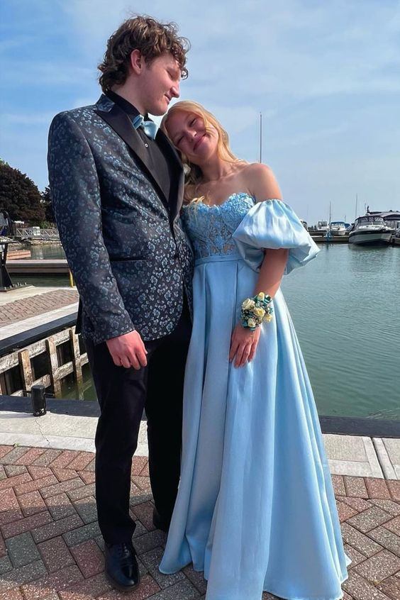 Light Blue Sweetheart Long Prom Dress with Detachable Sleeves