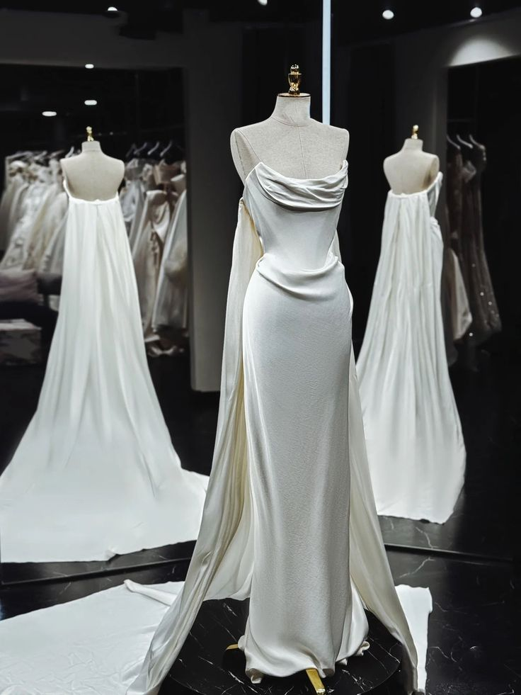 Classy Strapless White Satin Long Wedding Dress With Ruffles,Long Prom Evening Dress