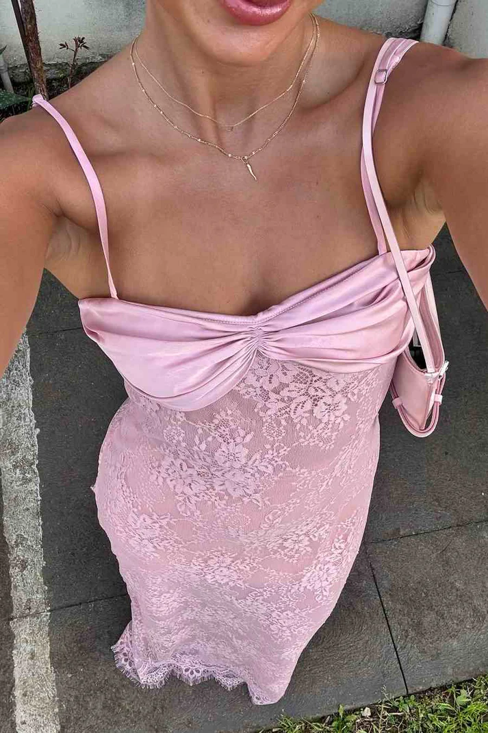 Pretty Spaghetti Straps Pink Lace Mermaid Evening Dress Long Prom Gown