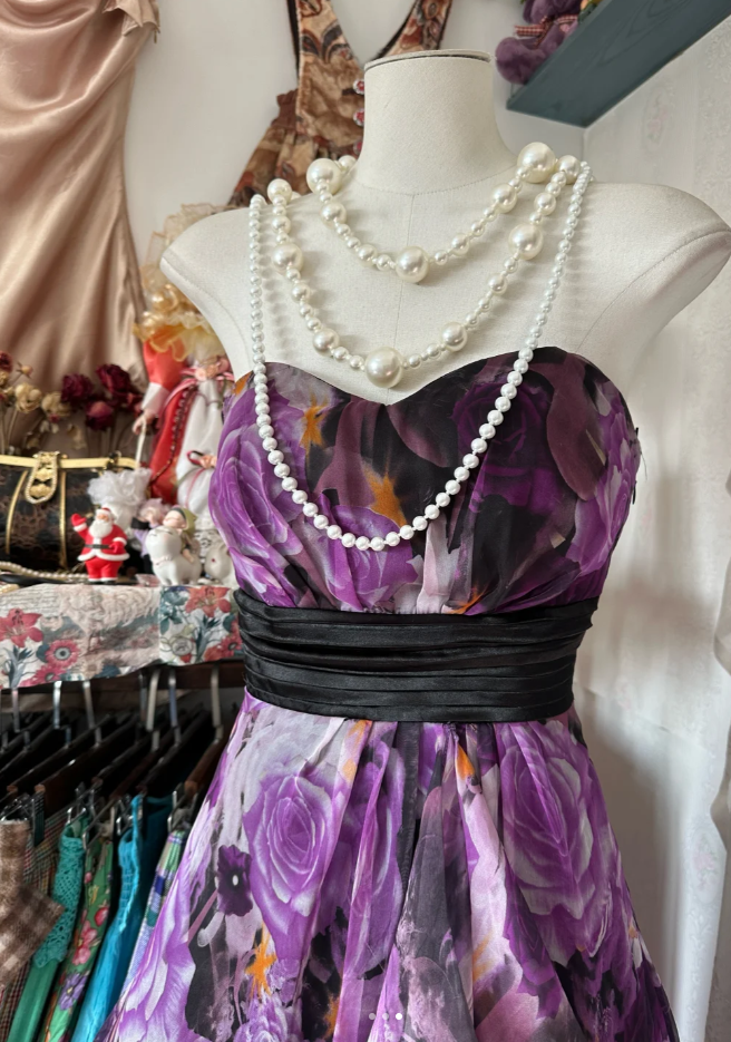 Charming Strapless Purple Chiffon Print Floral A Line Long Party Dress Birthday Prom Gown