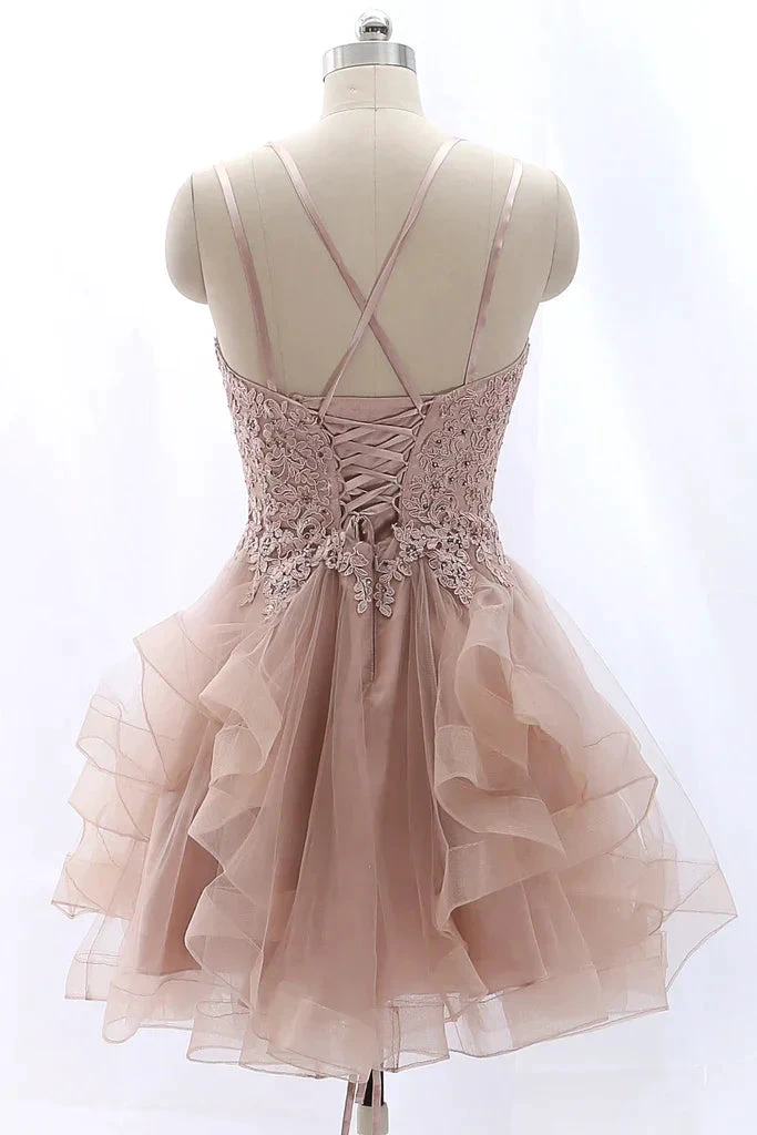 Spaghetti Straps Lace Tulle Homecoming Dress Vintage Party Formal Gown (ZD12029)