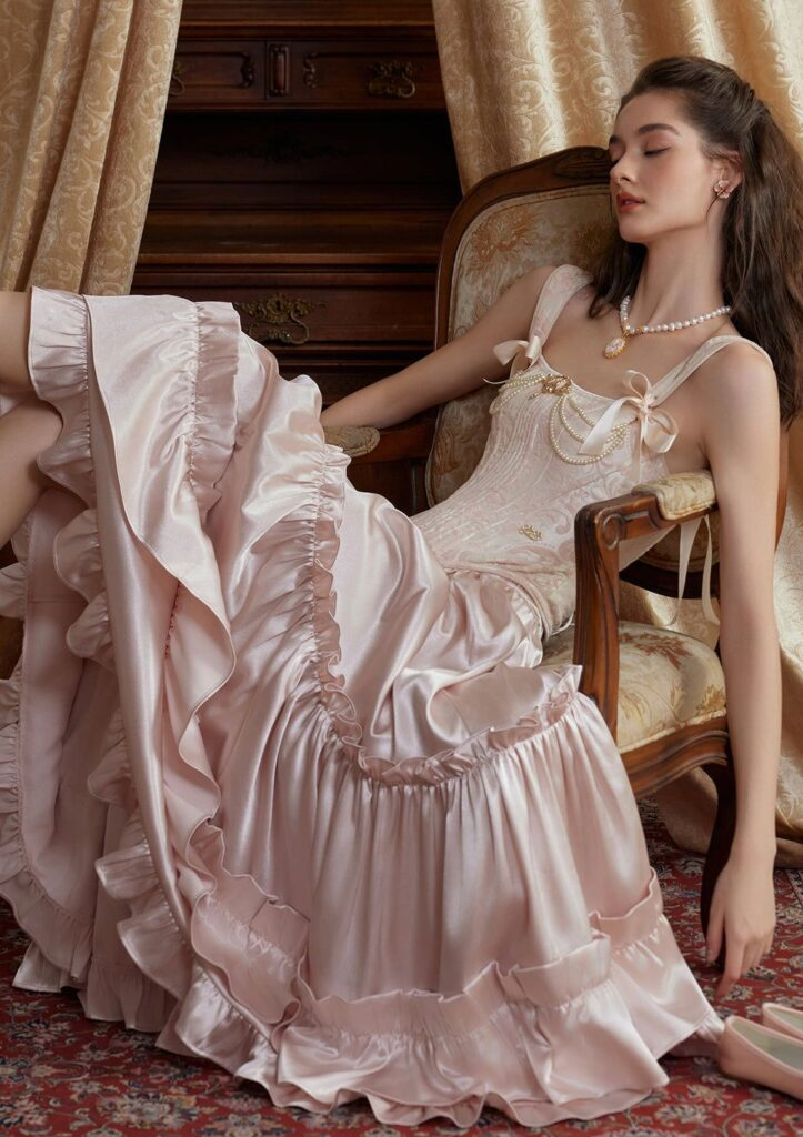 Classy Pink Satin Ruffle A Line Party Dress,Formal Prom Dress