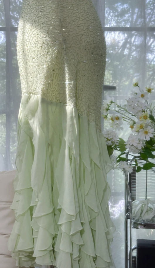Pretty Spaghetti Straps Light Green Chiffon Beaded Ruffles Mermaid Evening Dress Long Party Dress