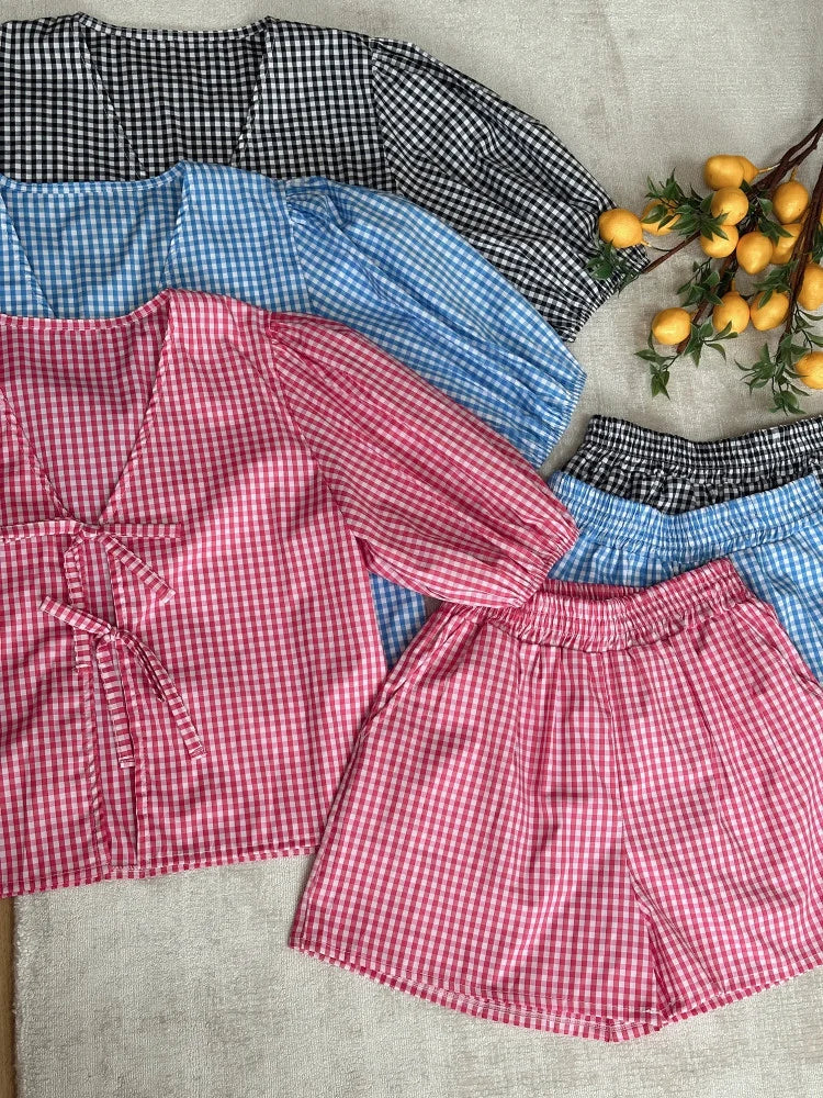 Women's lace-up plaid casual two-piece set - Fashionpara