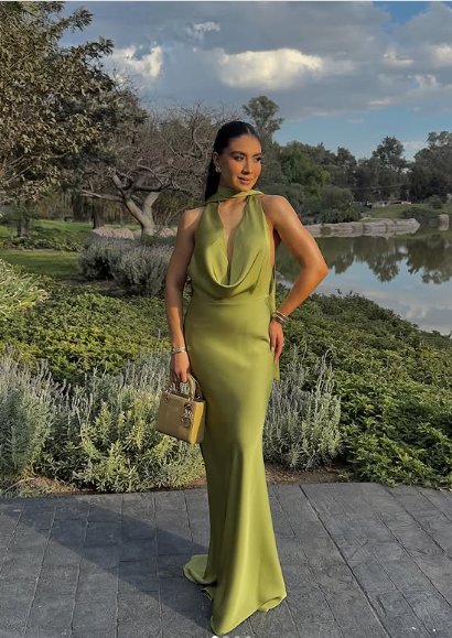 Sexy Halter Green Satin Prom Dress Lonr Evening Dress Y8210 - View 2 | VelvetHem