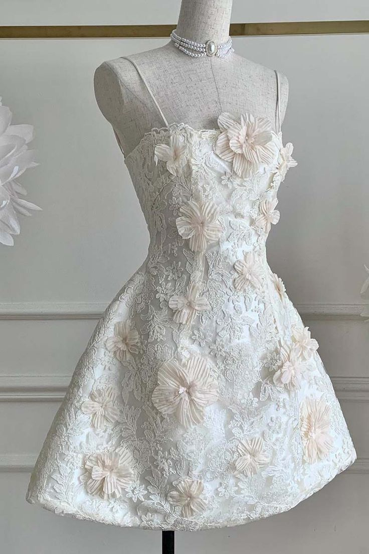 Classy Spaghetti Straps White Lace Appliques A-Line Homecoming Dress Short Birthday Outfits - FashionDia
