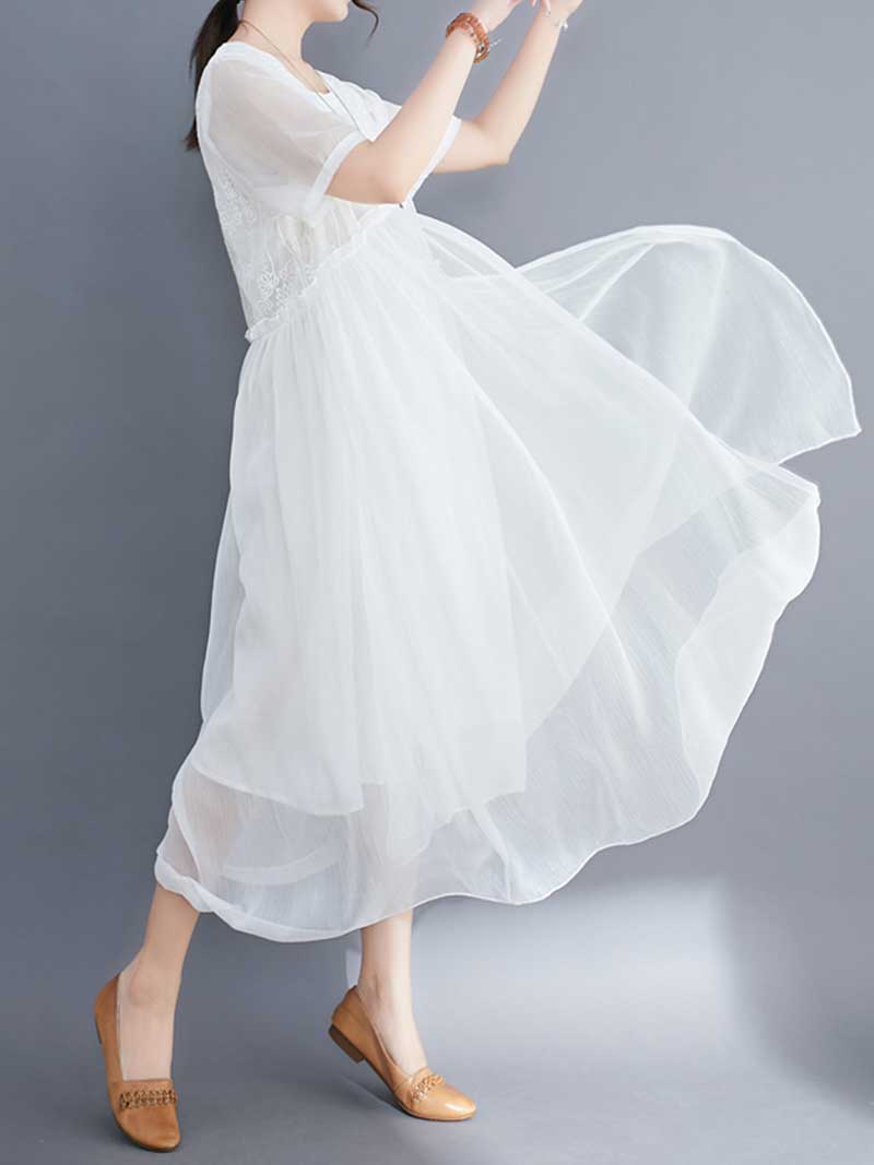 Embroidered Silk Round-Neck A-Line Dress