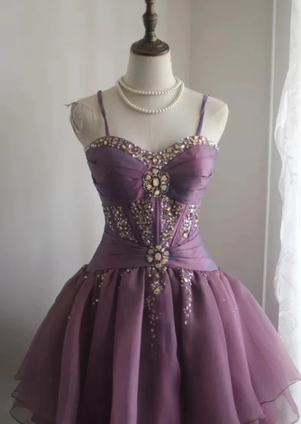 Vintage Purple Spaghetti Straps Purple Tulle Rhinestones Short Homecoming Dress A-Line Cocktail Dress - View 2 | FashionDia