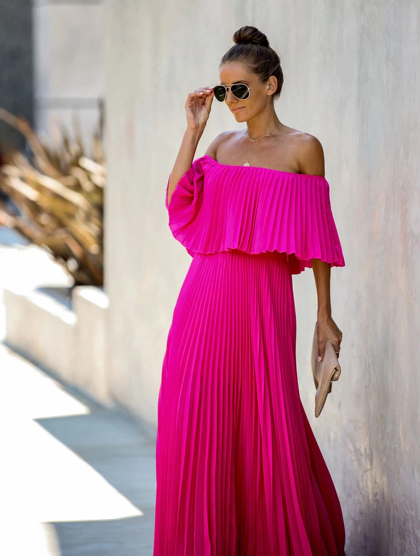 Elegant Off Shoulder Chiffon Summer Ruffle Pleated Prom Dresses  C749