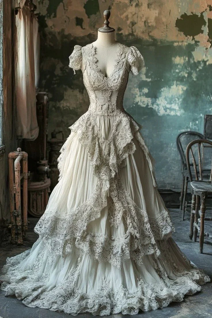 Vintage Ivory Lace Chiffon Ball Gown .Long A Line Wedding Dress Prom Dress Y8029 by simplepromdress