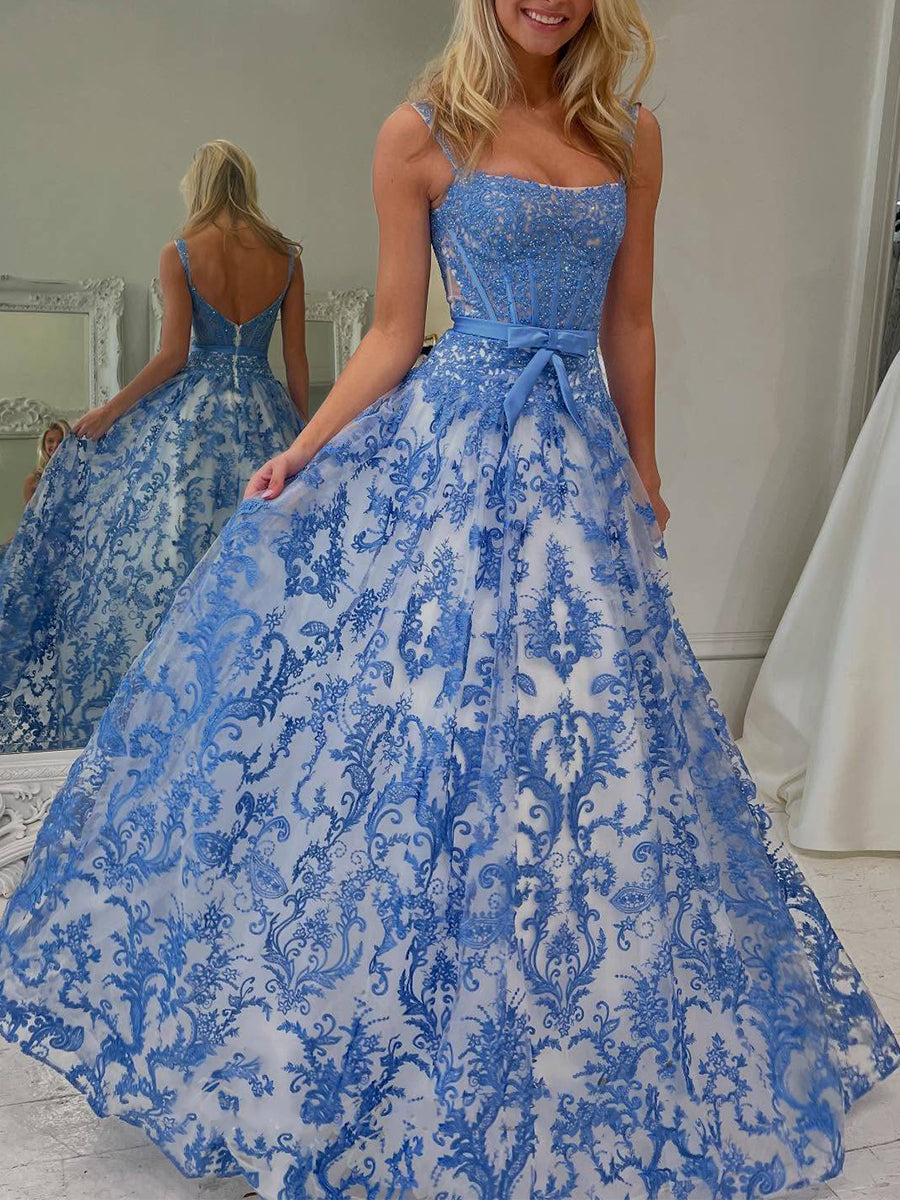 Blue Floral Baroque Lace Corset Long Prom Dress - FashionDia