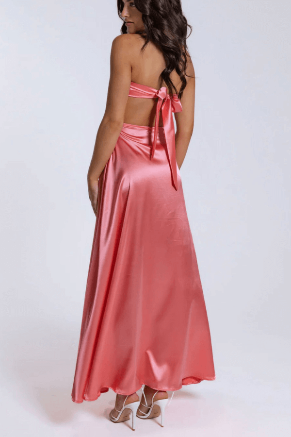 Off Shoulder Back Tie-up Light Weight Satin Maxi Dress - Fashionpara