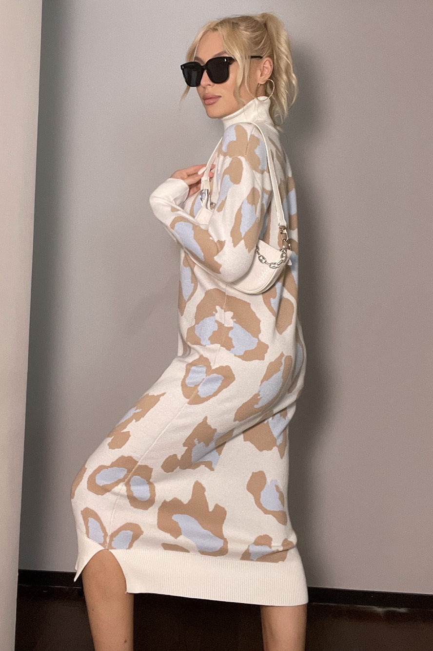 Leopard Print Turtleneck Sweater Dress