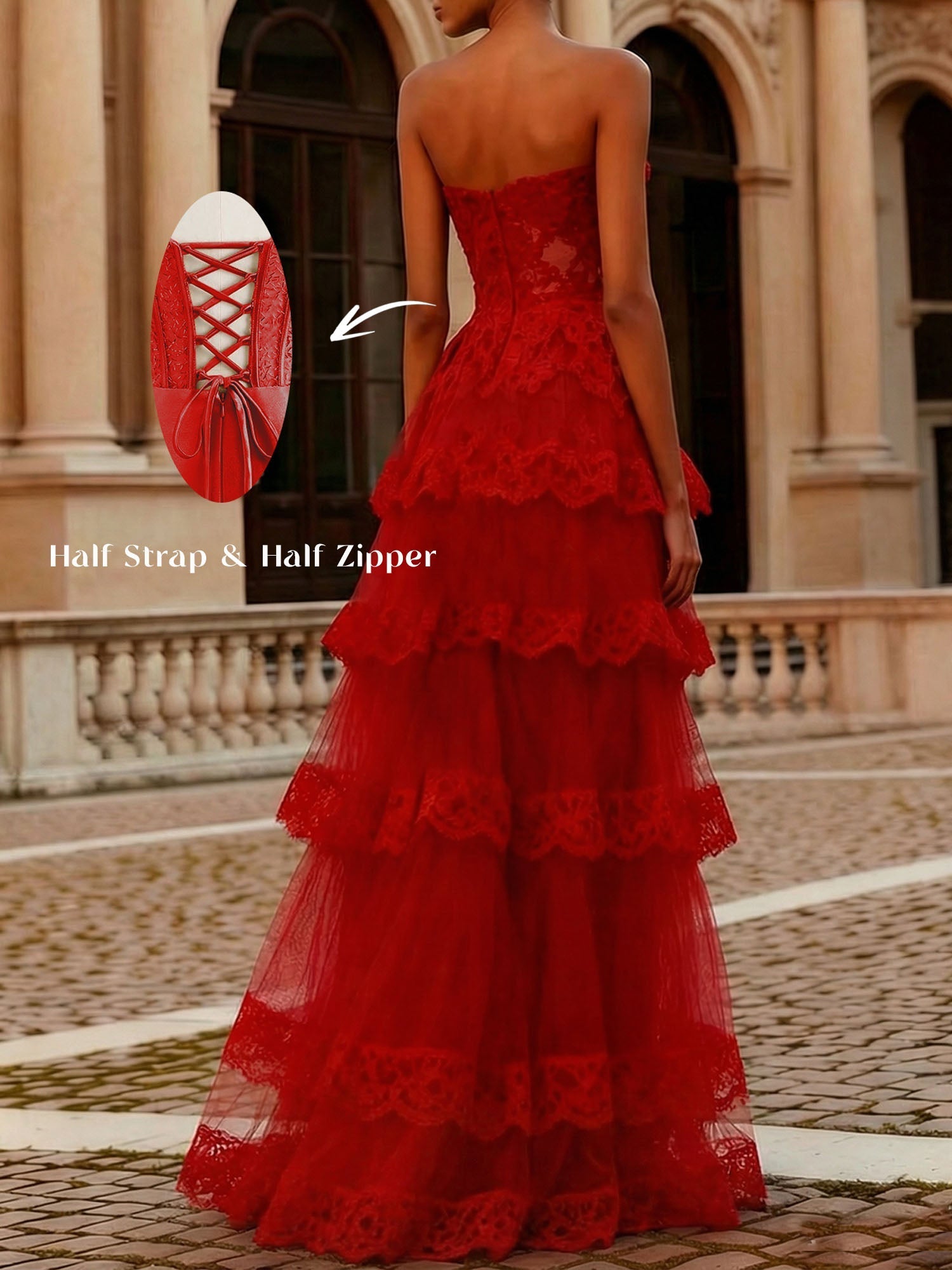 Red Tiered Tulle Strapless Lace Bodice A-Line Long Prom Dress