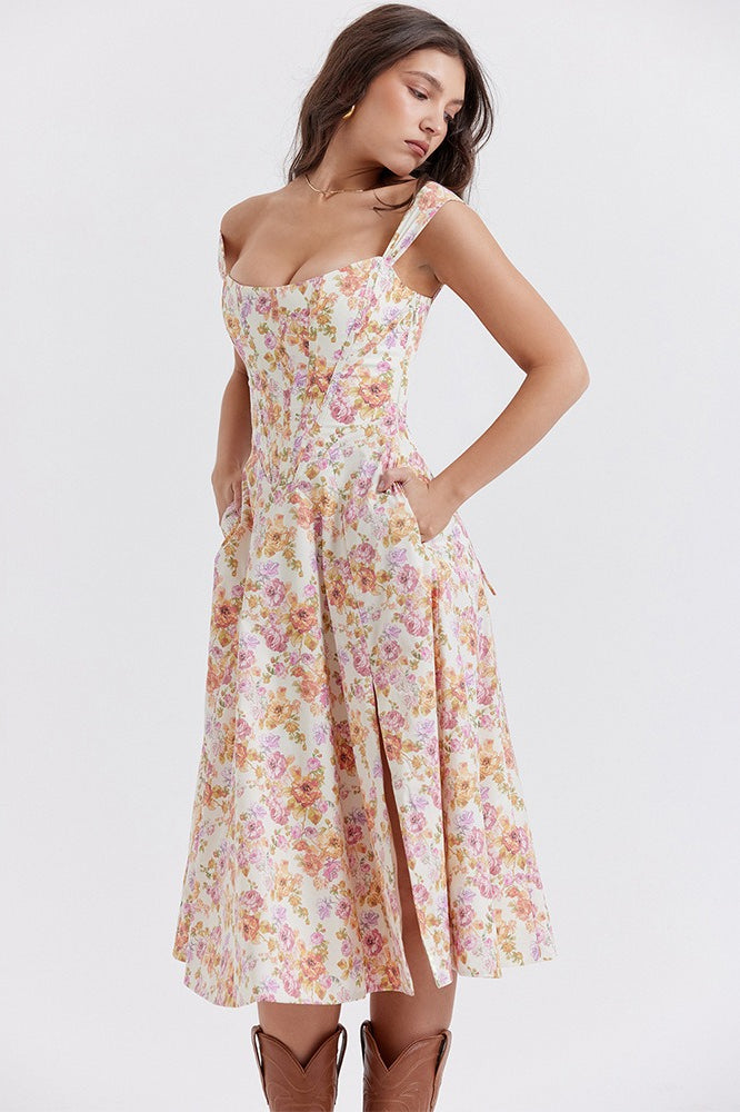 Floral Boned Spaghetti Strap Party Dress - View 4 | VelvetHem