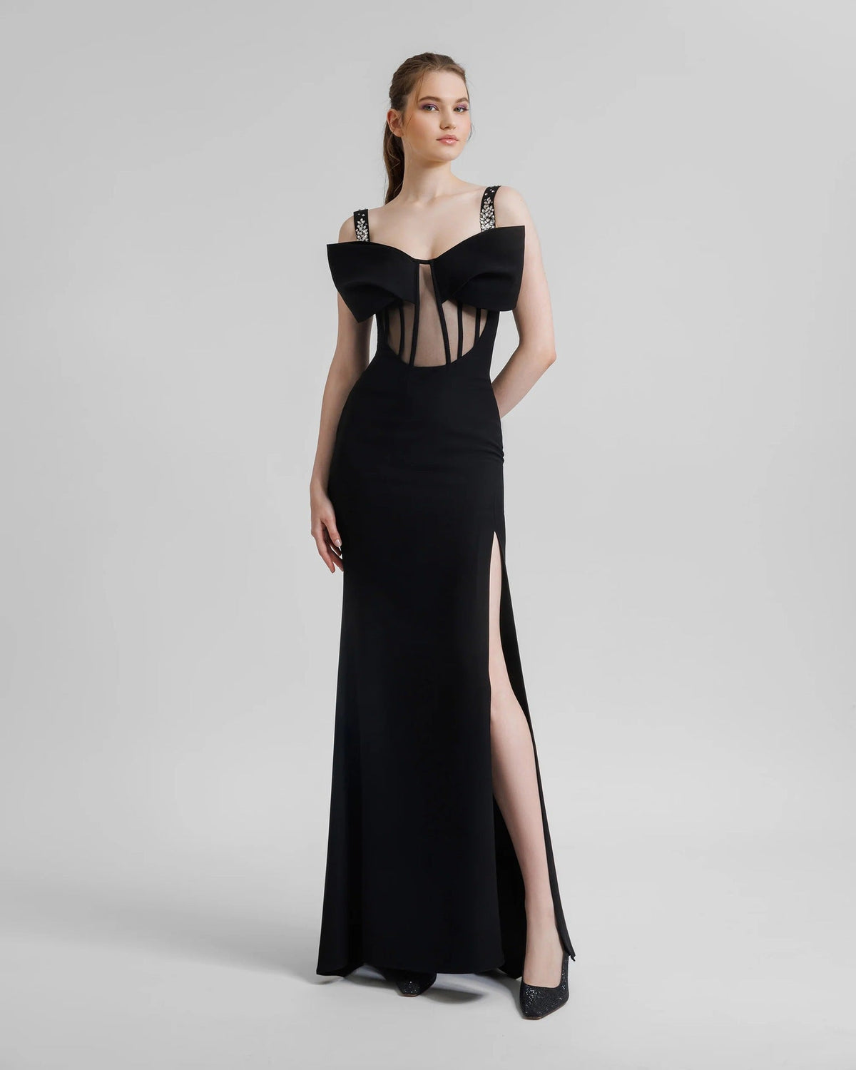 Diamond Strap Bow Slit Elegant Prom Dress - View 3 | VelvetHem