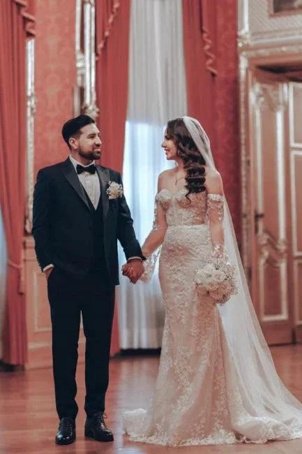 Exquisite Long Mermaid Off-the-shoulder Lace Wedding Dress with Long Sleeves (ZD15552)