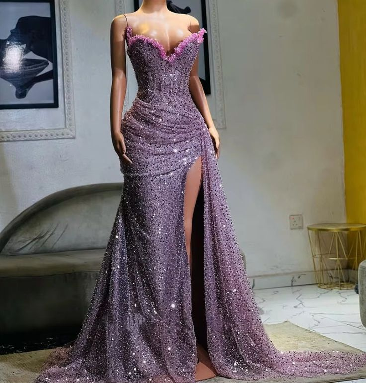 Purple High Split Evening Dresses Sequin Mermaid Prom Dresses