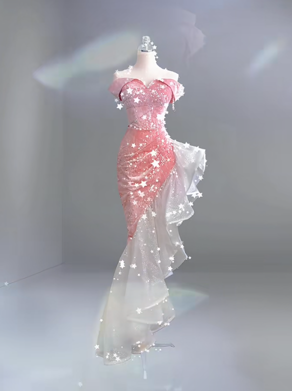 Off The Shoulder Pink Long Prom Dress Evening Party Dress - VelvetHem