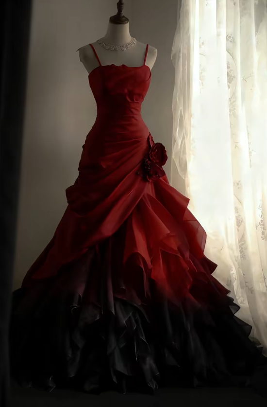 Burgundy Black Long Prom Dress Pleaded Evening Dress - FashionDia