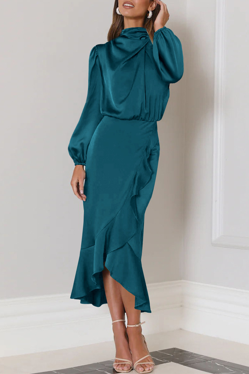 Elegant Solid Flounce Fold Turtleneck Evening Dress - View 2 | VelvetHem
